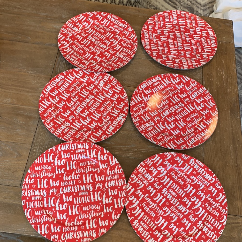 SET of SIX you get 6 -hoho merry Christmas red white print plate charger plastic